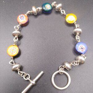 Sterling Silver Bracelet Millefiori Glass Beads double sided Italy